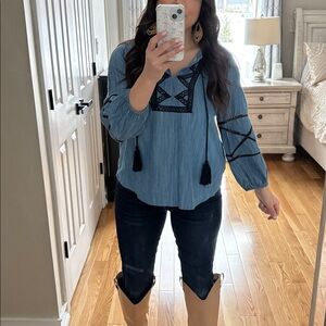 Denim crochet boho balloon sleeve top